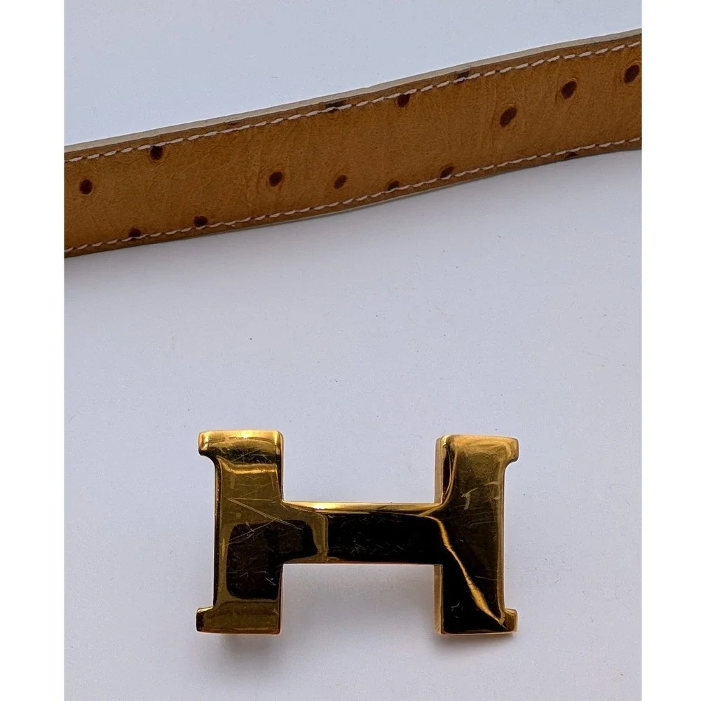 MaxTamara Ostrich Embossed Leather Belt Tan Gold H Buckle Made in Italy 37.5in